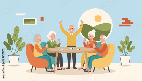 Group of happy senior citizens gathered around a table to play a fun card game together in a cozy community room.