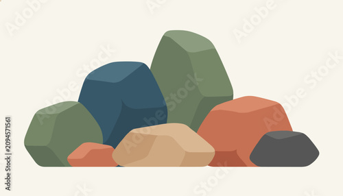 Artistic stack of round natural stones in diverse organic shapes and earthy colors isolated on a white background.