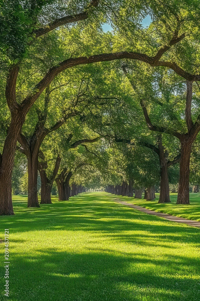 Obraz premium Sunlit tree-lined avenue with arching oak branches over a manicured green lawn and narrow walking path, peaceful and serene perspective leading into the distance