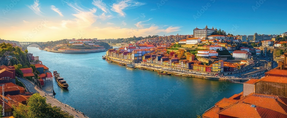Fototapeta premium Sunlit riverside panorama of colorful hillside buildings, moored boats and arched bridge under a warm glowing evening sky evoking serene charm