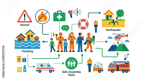 Flat disaster response infographic with hazard icons and people.