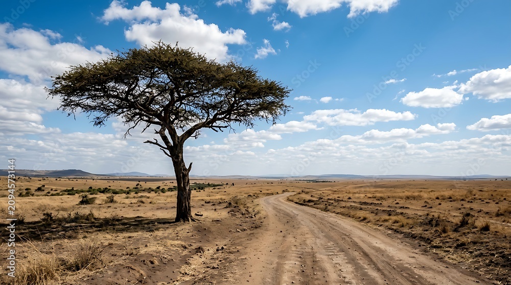 Fototapeta premium Solitary acacia tree by a winding dirt road in the savanna