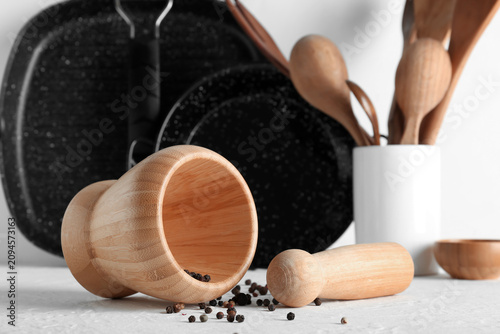 Wooden mortar and pestle wi...