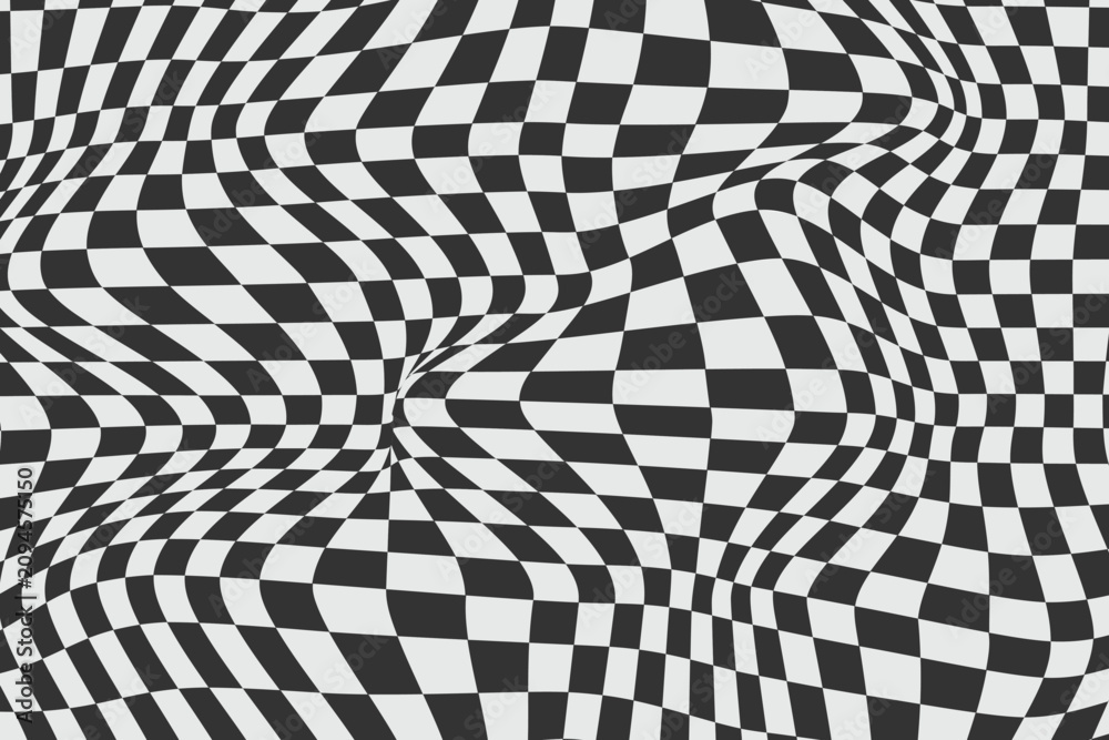 Obraz premium Black and white checkered pattern with hypnotic geometric distortion effect, d cor