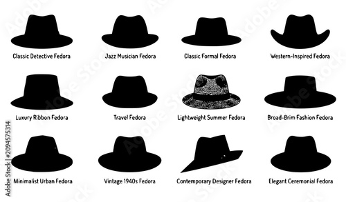 Bild auf Leinwand Black Fedora Hat Commercial Vector Pack With Detective Jazz Western Summer And V