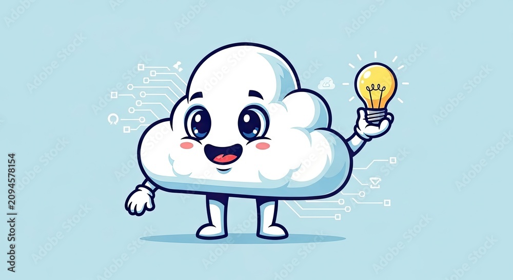 Fototapeta premium Cartoon cloud character holding a glowing lightbulb idea.