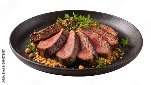 Isolated gourmet sliced steak, medium-rare, on dark plate with fresh thyme and crunchy garnish.