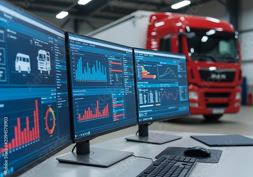 Logistics Control Center Monitors Showing Data Analysis for Fleet Management