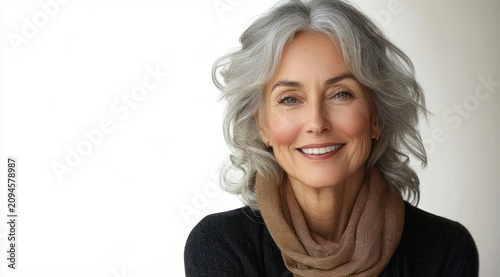 Portrait of an older woman with blurred face, silver wavy shoulder-length hair, brown scarf and dark sweater against a plain white background, calm contemplative mood