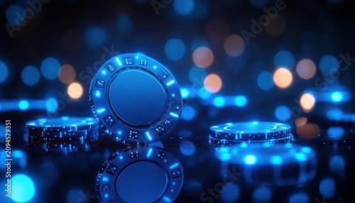 Glowing blue casino chips on reflective surface with bokeh lights, futuristic sleek scene conveying high-stakes anticipation