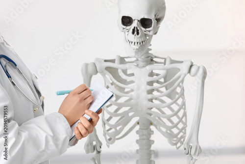 Female doctor writing on notebook near human skeleton model in clinic