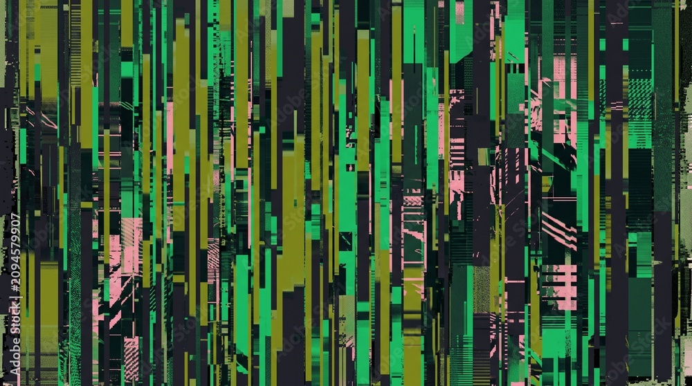 Obraz premium Futuristic green and black abstract glitch art texture with distorted vertical lines