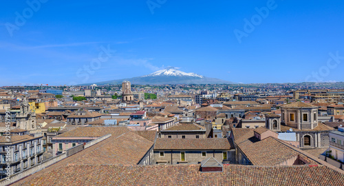 Rooftop view of Catania at the foot of Mount Etna in Sicily, Italy.
