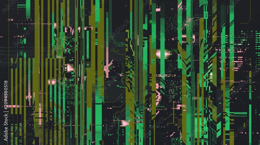 Obraz premium Futuristic Digital Cyberpunk Matrix Background with Abstract Green Tech Glitch Lines