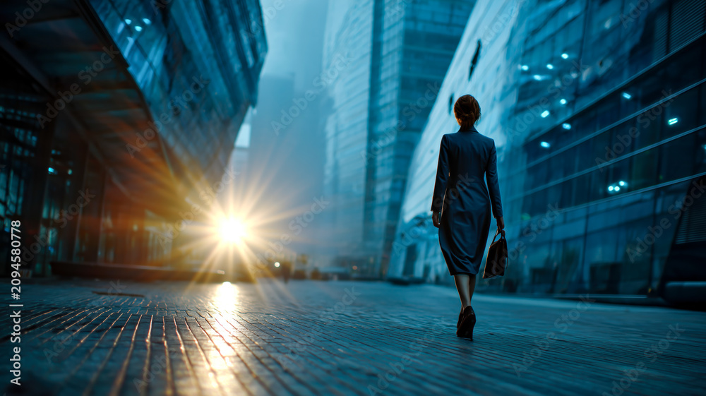 Obraz premium Lone Woman Walking Through Futuristic City at Dusk