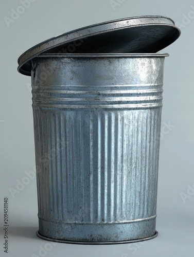 worn galvanized metal trash can with partially open lid, empty and utilitarian, weathered texture suggesting solitude