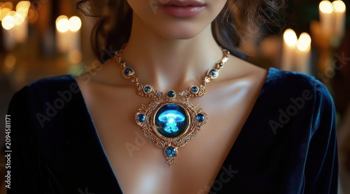 close-up of a woman's neck and décolletage wearing an ornate gold necklace with a glowing blue jellyfish pendant, dark velvet dress and candlelit mysterious enchanting mood