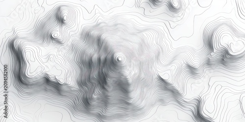 monochrome contour map of layered mountain ridges and valleys with delicate shadowed lines evoking a serene, contemplative sense of depth and flowing terrain