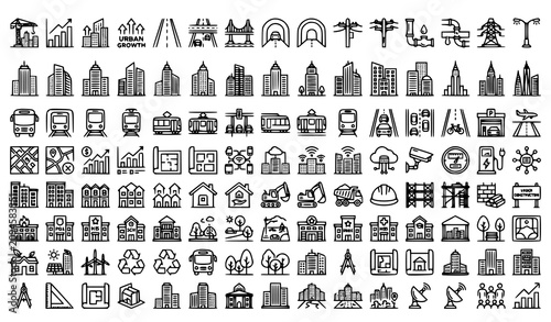 Modern Urbanization Thin Line Icon Collection with City Growth Symbols