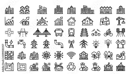 City Development and Urbanization Outline Icons Pack Editable Stroke