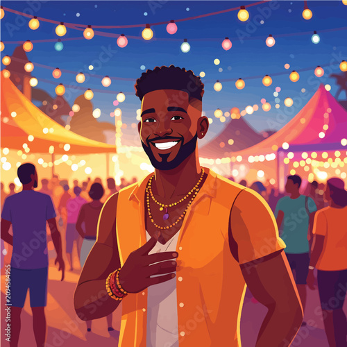 Smiling man in orange shirt at event.