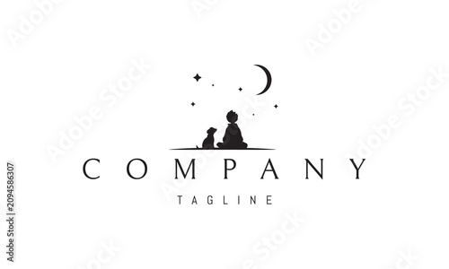 Cuadro en lienzo A vector logo featuring an abstract boy with a dog beneath stars and the moon symbolizing friendship, loyalty, dreams and lifelong companionship
