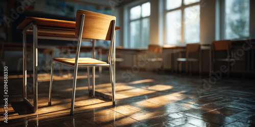 An empty classroom bathed in the warm, dappled sunlight streaming through large windows, with wooden desks and chairs casting long shadows on the polished floor.