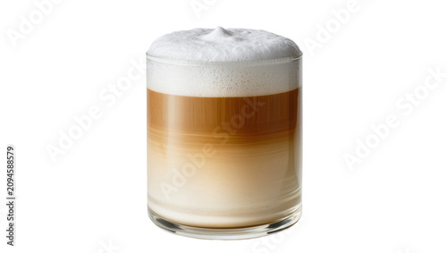 Foto Isolated Latte Macchiato a delicious layered coffee drink with foamy milk in a clear glass