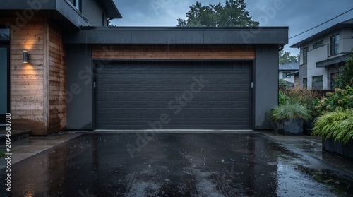 modern dark grey garage door with wet driveway on a rainy day