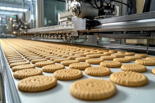 automated bakery production line with rows of golden round biscuits on a conveyor belt conveying efficiency and precision