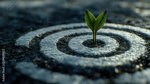 A small sprout pushes through a target, symbolizing growth, potential, and achieving goals against all odds.
