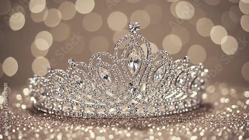 A sparkling silver tiara rests on a textured surface with a soft golden bokeh background