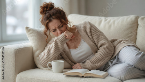 Caucasian adult woman coughing into elbow while lying on sofa, home recovery and flu season self care