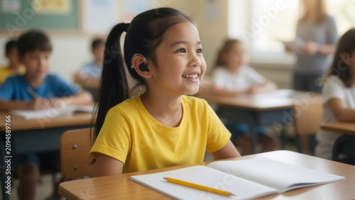 Asian deaf student in classroom with a hearing aid smiling at her desk, special education and inclusion in childhood development