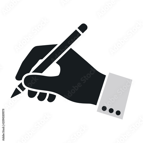 Hand holding a pen writing or signing document icon isolated on white background