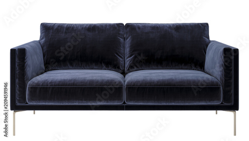 Foto Isolated elegant dark blue velvet two-seater sofa with contemporary design and m