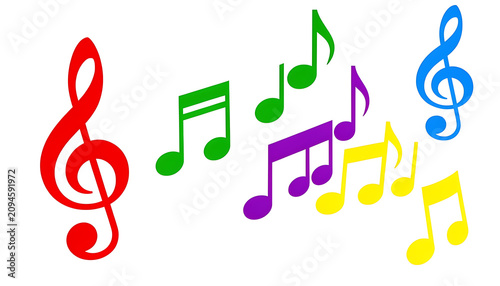 Cute music education graphics with colorful notes and clefs