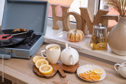 Vinyl record player, teapot...