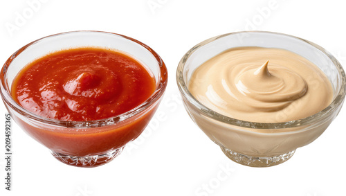 Foto Isolated glass bowls with savory red tomato ketchup and creamy light beige mayon