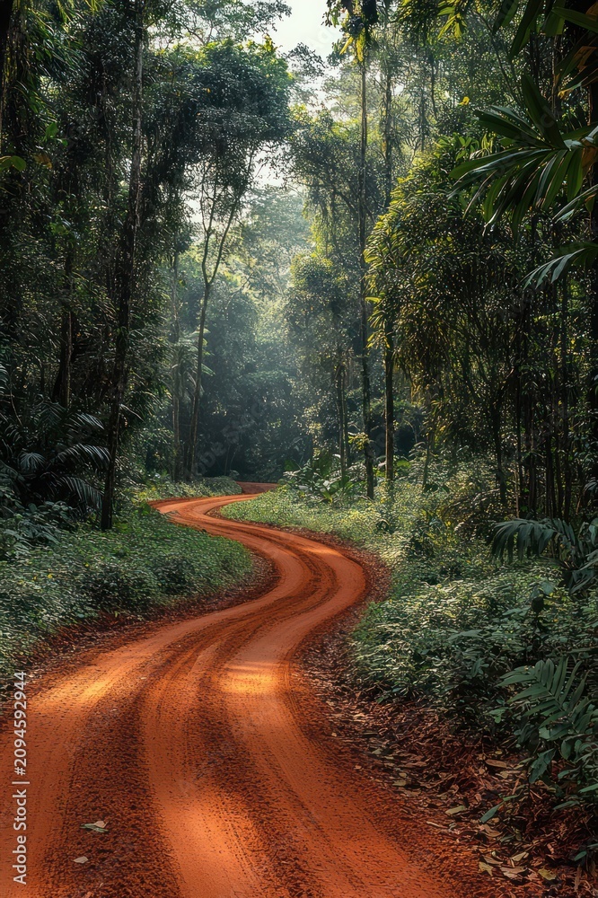 Fototapeta premium winding red dirt road through dense sunlit tropical forest, serene and inviting morning path