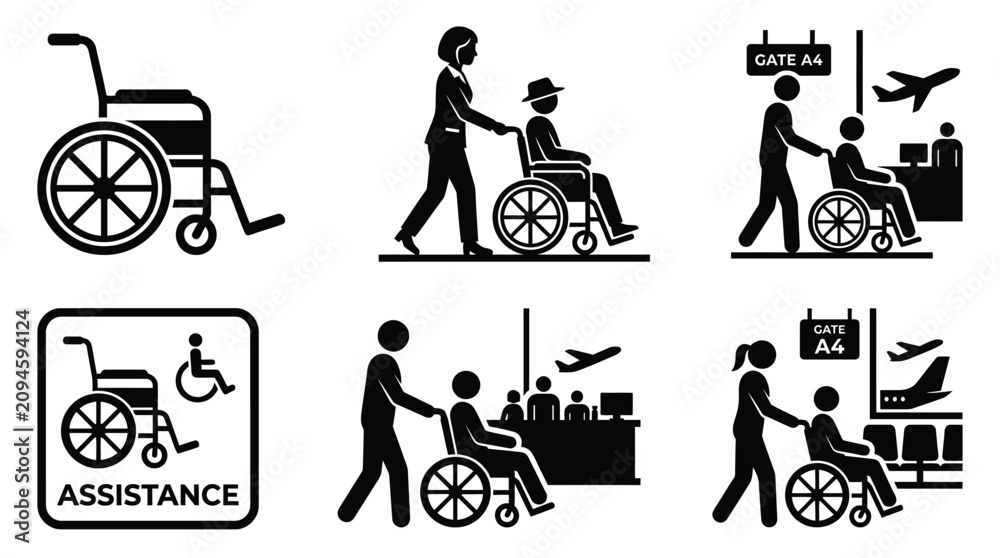 Fototapeta premium Wheelchair And Assistance Signage Black Silhouette Icons On White Background