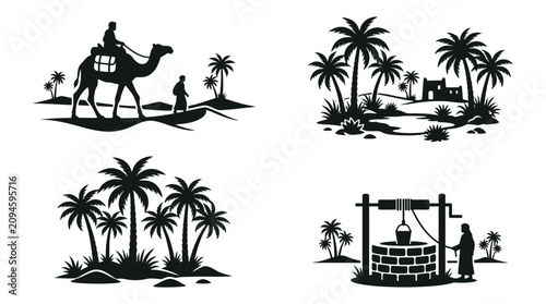 Photos Desert scenes with camel oasis and well in black silhouette style