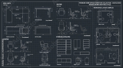 Collection of cad blocks for premium home office furniture including desks, chairs, and storage units