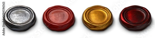 four glossy vintage wax seals in silver red gold and deep burgundy on white background conveying elegance and formality