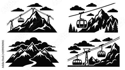 Canvastavla Mountain Scenery With Cable Cars Black Silhouette Vector Illustration