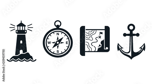 Nautical Icons Featuring Lighthouse Compass Map And Anchor In Black Silhouette