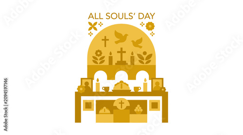 Foto Golden altar with crosses and doves for religious memorial.