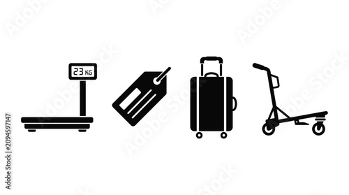 Travel icons set scale luggage tag suitcase and scooter silhouette