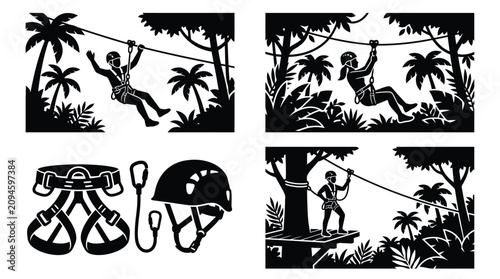 Zipline Silhouette With Harness And Helmet Black And White Illustration