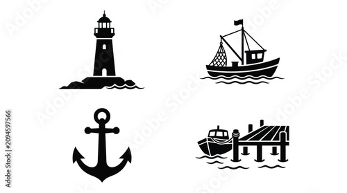 Schilderij op canvas Nautical Silhouettes Lighthouse Boat Anchor And Harbor Scene